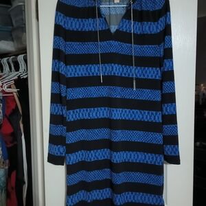 Michael Kors Blue and Black Striped Long-Sleeve V-Neck Dress